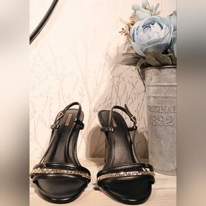 Express Black Sling Back Heels with Silver Chain Detail (Size 8)